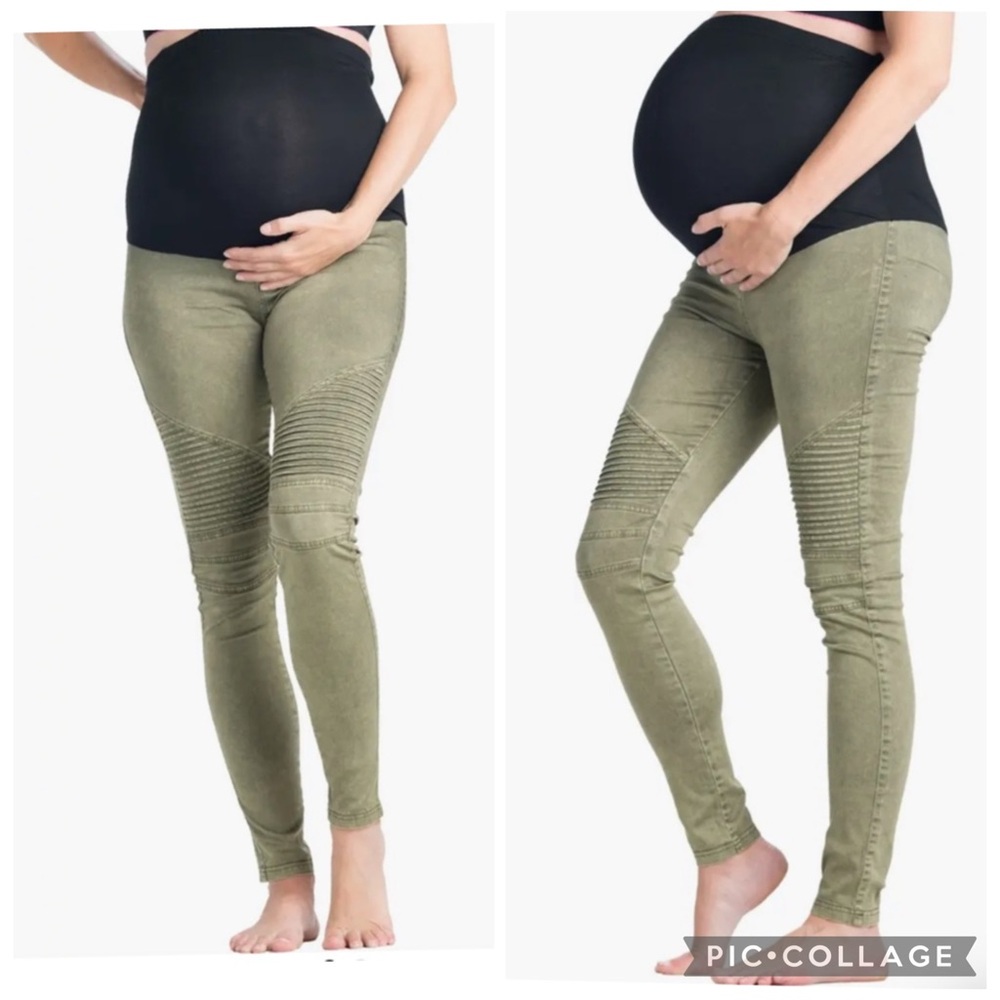 Preggo Leggings Moto Maternity Jeggings Olive Green Full Belly Panel XL Pants